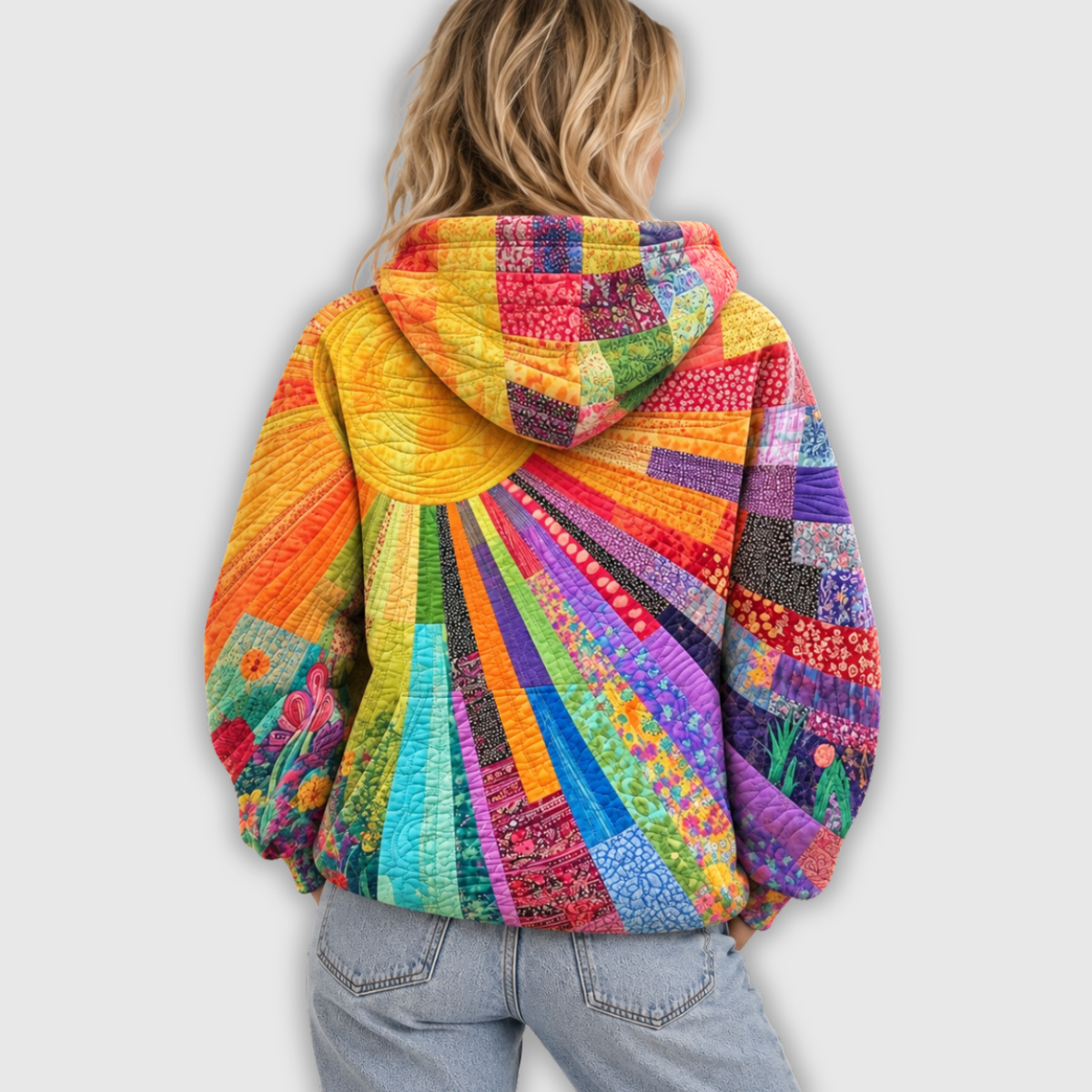 Leni | Patchwork-Kapuzenpullover mit Sonnenmotiv