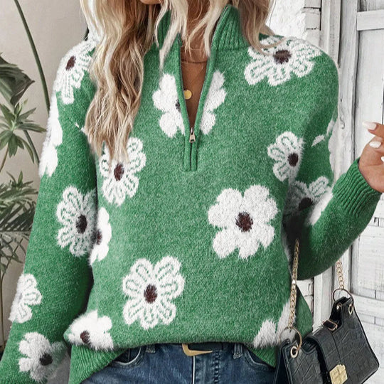 Violet | Blumen-Strickpullover mit Zippkragen