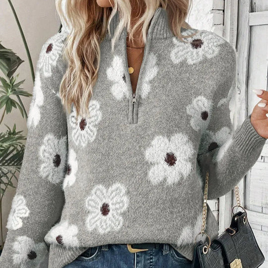Violet | Blumen-Strickpullover mit Zippkragen