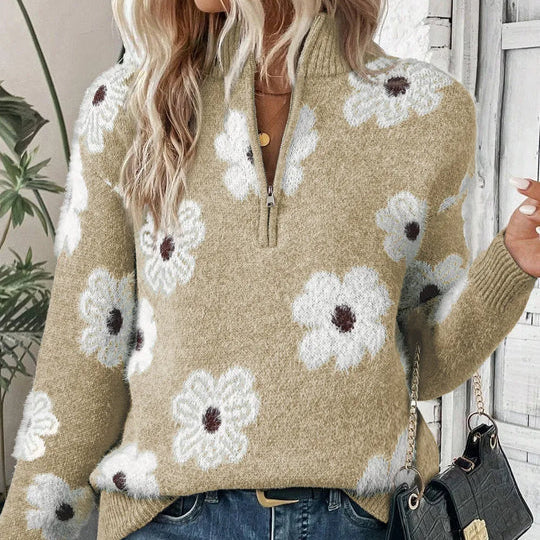 Violet | Blumen-Strickpullover mit Zippkragen