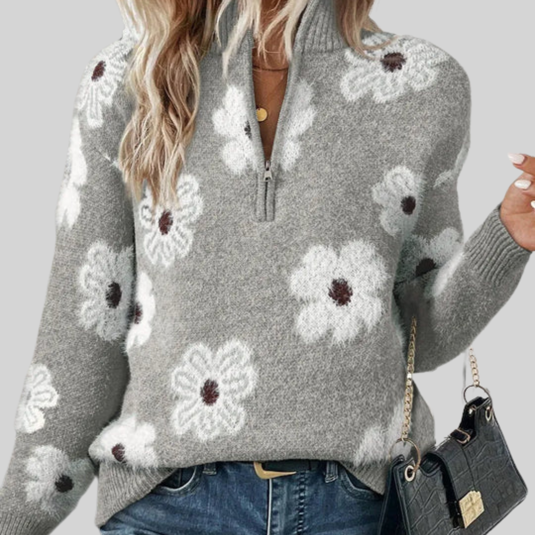 Violet | Blumen-Strickpullover mit Zippkragen