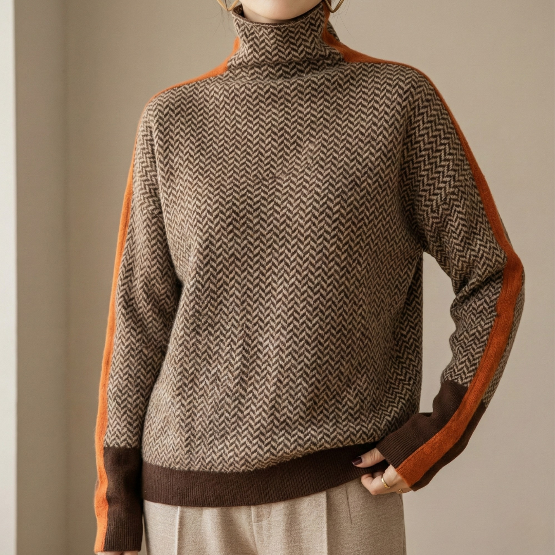 Eleanor | Luxuriöser Pullover mit hohem Kragen und Fischgrätstruktur